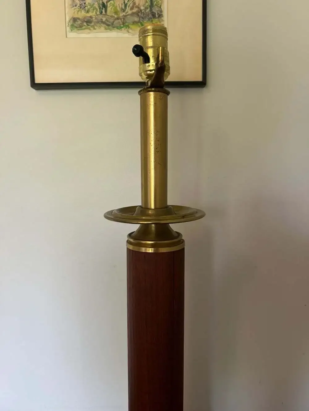 Vintage Mid-Century Modern Teak and Brass Column Table Lamp